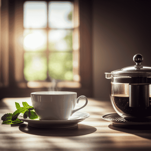 An image depicting a serene, sunlit kitchen with a delicate teacup on a wooden table