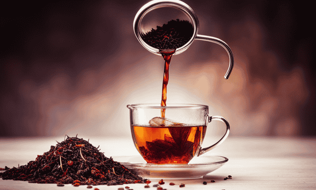 An image showcasing a teapot pouring 8 ounces of water into a mug filled with vibrant red Rooibos tea leaves