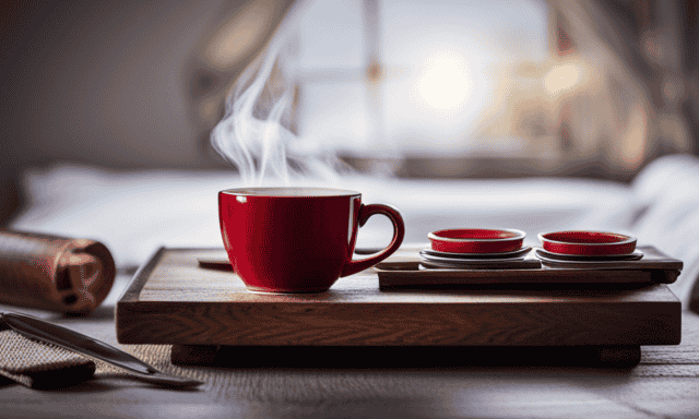 An image showcasing a serene, rustic wooden tea tray adorned with delicate, steaming cups of vibrant red Rooibos tea