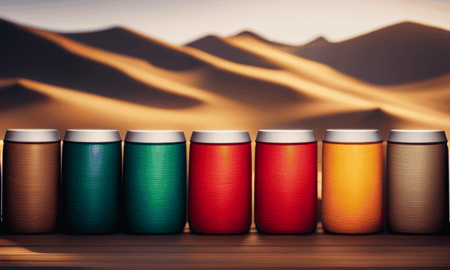An image showcasing a variety of colorful mugs, each filled with an exact amount of yerba mate leaves, representing the recommended monthly consumption