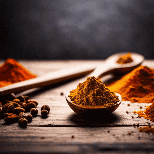 An image showcasing a wooden spoon, filled with vibrant turmeric powder, against a backdrop of various spices, indicating the recommended daily intake