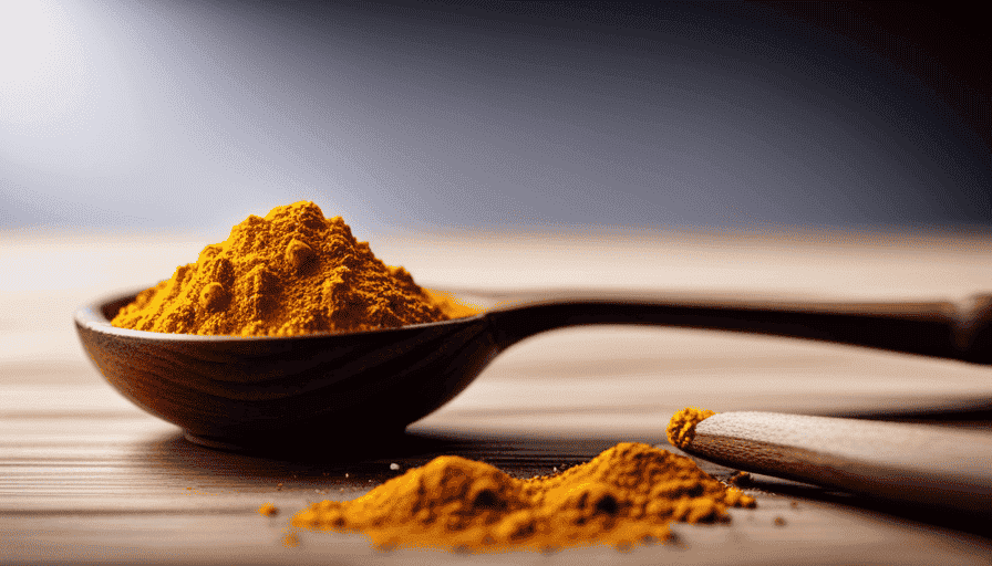 An image featuring a pristine white spoonful of vibrant turmeric powder, delicately sprinkled onto a wooden surface