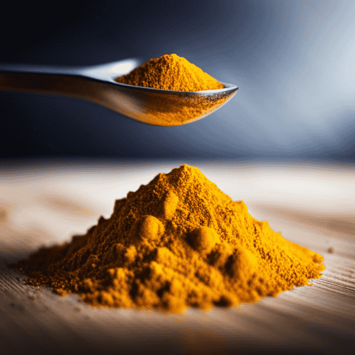 An image depicting a measuring spoon filled with 200 mg of vibrant yellow turmeric powder, surrounded by a few loose granules, conveying the exact amount needed for 1 serving