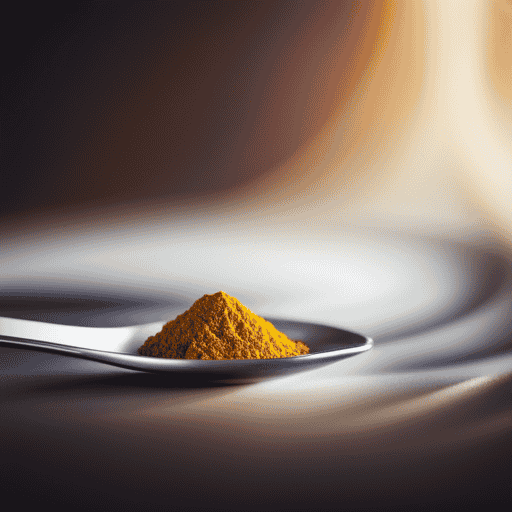 An image showcasing a white porcelain teaspoon filled with 8 grams of vibrant yellow turmeric powder, highlighting its finely ground texture and precise measurement