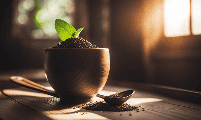 An image showcasing a rustic wooden tea spoon delicately scooping loose Yerba Mate leaves into a ceramic cup, with rays of sunlight streaming through a nearby window, illuminating the process