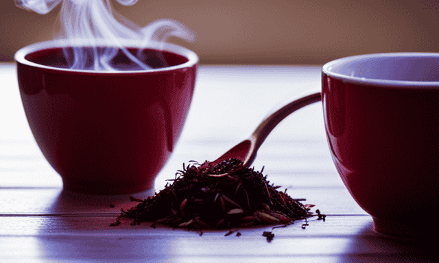 An image showcasing a vibrant red teacup filled with aromatic Rooibos tea, with delicate wisps of steam rising from it