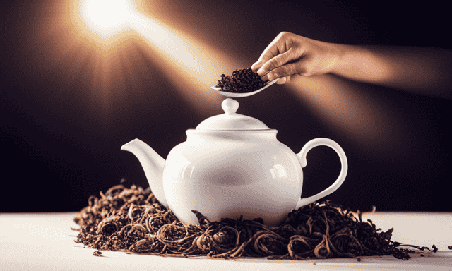 An image showcasing a delicate porcelain teapot filled with vibrant amber oolong tea, surrounded by a collection of used tea leaves gracefully unfurling in various stages, revealing the tea's journey through multiple steepings
