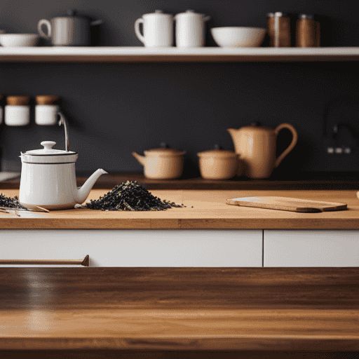An image featuring a serene, minimalist kitchen scene with a wooden countertop adorned with various vibrant herbal teas in delicate porcelain cups