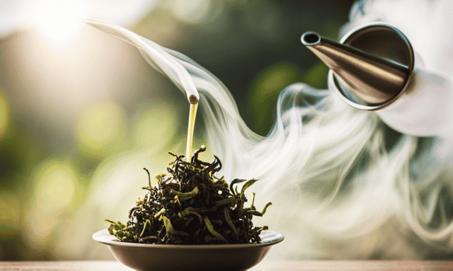 An image showcasing a ceramic teapot pouring hot water over a bundle of vibrant, unfurling oolong tea leaves