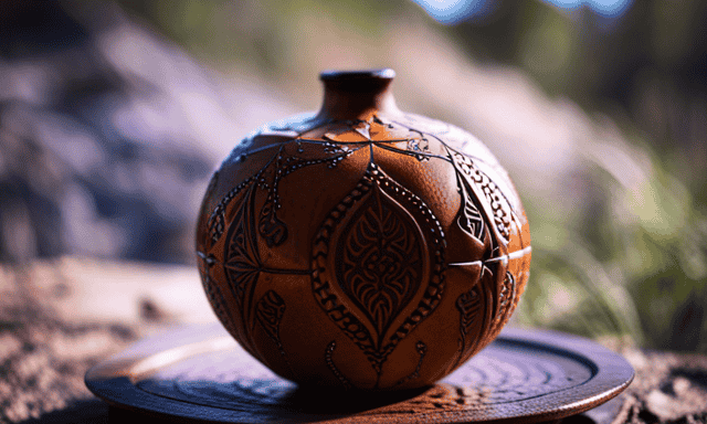 An image capturing the essence of a well-worn, gourd-shaped Yerba Mate, adorned with intricate patterns of cracks, stains, and signs of frequent use, embodying its story of countless infusions and shared moments