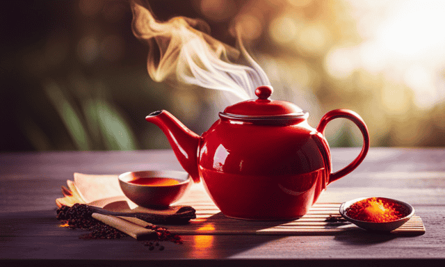 An image showcasing a vibrant red ceramic teapot, filled with steaming rooibos tea