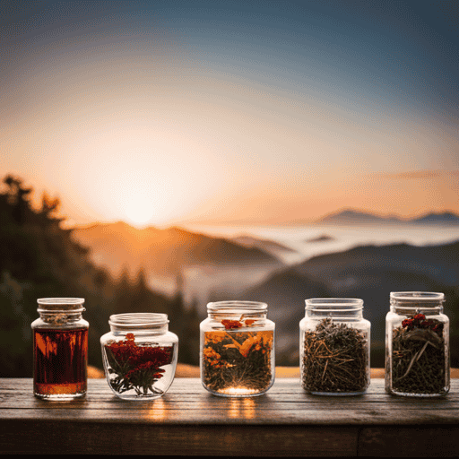 An image showcasing an assortment of vibrant, aromatic herbal tea leaves, blooming flowers, and various dried herbs, beautifully arranged in glass jars, evoking the diverse and abundant world of herbal tea