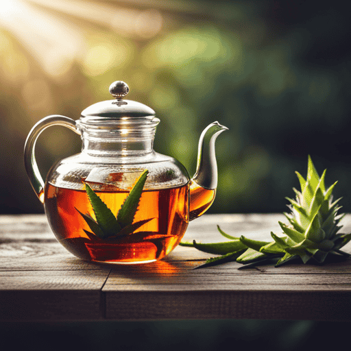 An image showcasing a gleaming glass teapot filled with colorful herbal tea, surrounded by fresh aloe vera leaves elegantly placed on a wooden table, as if waiting to be added to the concoction