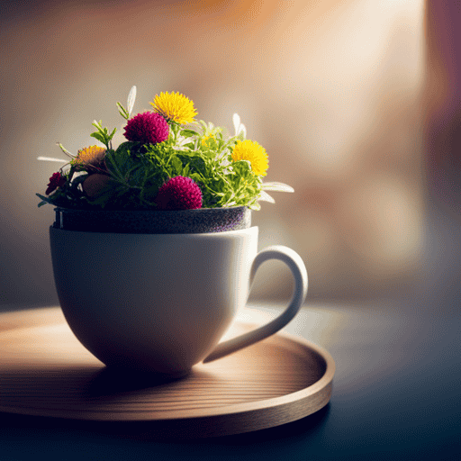 An image showcasing a vibrant, overflowing teacup brimming with a colorful assortment of antioxidant-rich herbs, carefully steeping amidst wisps of aromatic steam, evoking the invigorating benefits of herbal tea