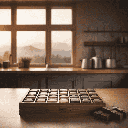 An image showcasing a serene, minimalist kitchen scene with a wooden tea box displaying an assortment of vibrant Yogi Tea packages