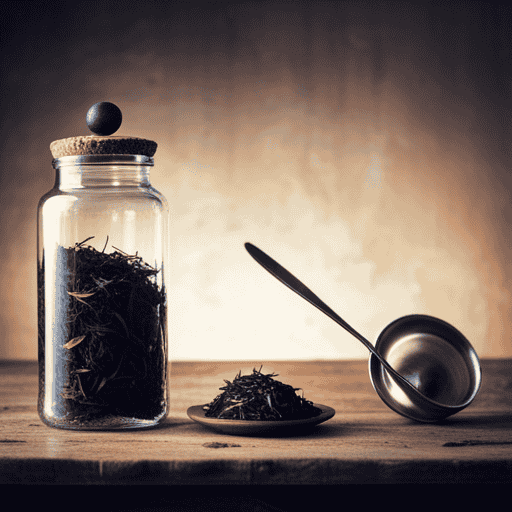 An image featuring a glass jar filled halfway with loose black tea leaves and another glass jar filled with a variety of vibrant herbal tea blends, both accompanied by measuring spoons to showcase the perfect ratio for brewing kombucha