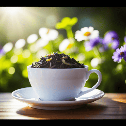 An image of a serene, sun-drenched herbal tea garden, brimming with vibrant chamomile, peppermint, and lavender plants