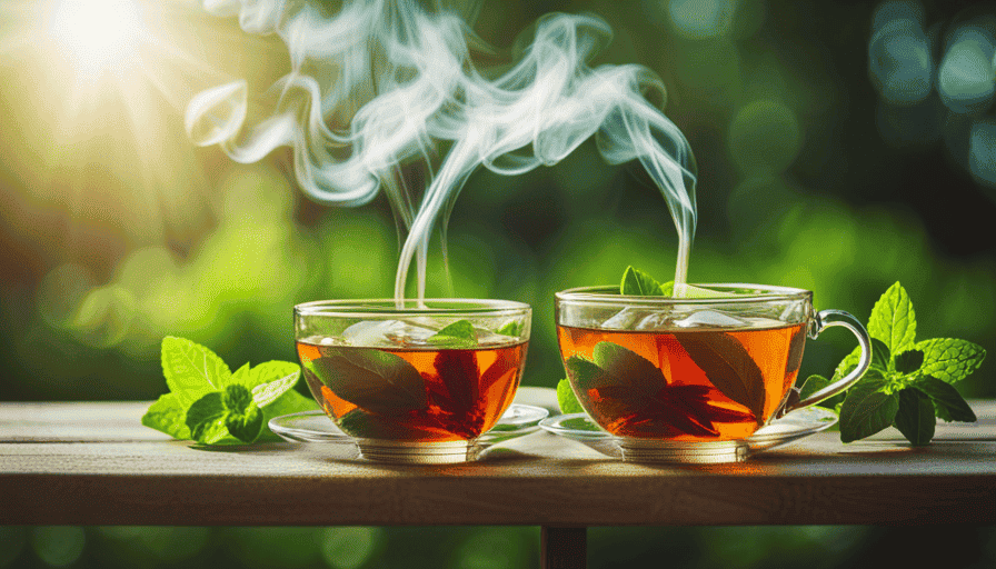 An image of a steaming cup of herbal tea, filled with vibrant and aromatic herbs, against a backdrop of lush green leaves