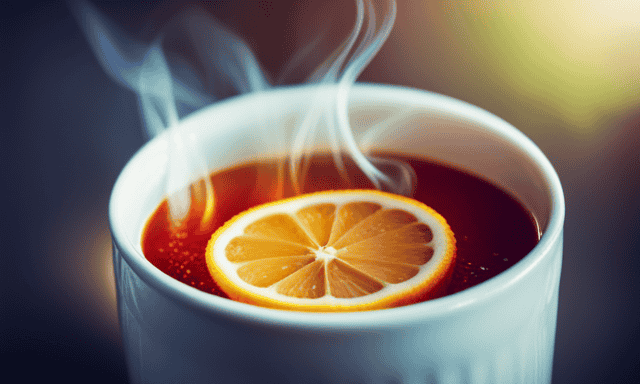 An image showcasing a vibrant cup of lemon rooibos tea steeping in hot water, emitting aromatic steam