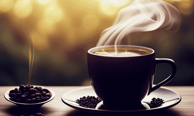 An image showcasing a steaming cup of oolong tea and a mug of coffee side by side