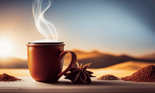 An image showcasing a steaming cup of Pumpkin Spice Rooibos, capturing the rich amber color of the brew, with fragrant spices wafting from the cup, and a subtle hint of caffeine energizing the scene