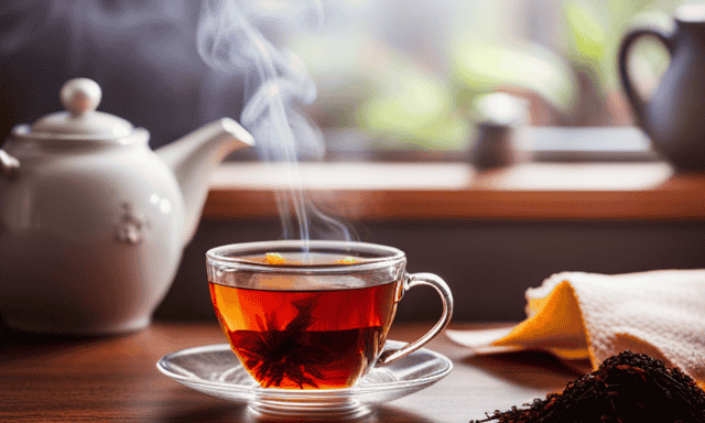 An image of a steaming cup of rooibos tea beside a delicate teapot of honeybush tea, both adorned with vibrant botanical elements, showcasing the rich earthy hues and enticing flavors of caffeine-free herbal infusions