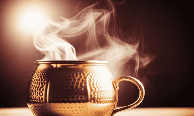 An image showcasing a steaming cup of Yachak Yerba Mate, displaying its rich golden color, with aromatic steam gently rising, highlighting the energizing effects of its caffeine content