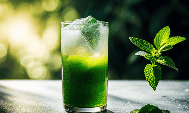 An image showcasing a close-up shot of a frosted glass filled with vibrant green Yerba Mate energy drink, condensation glistening on its surface, with a cluster of fresh, invigorating yerba mate leaves neatly arranged beside it