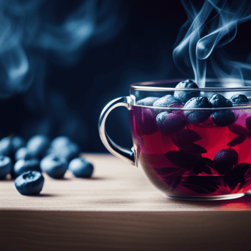 An image showcasing a steaming cup of blueberry herbal tea, its rich violet hue complemented by vibrant blueberries floating on the surface