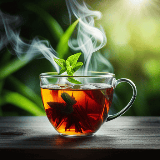 An image showcasing a mug of freshly brewed herbal tea with a steaming vapor gently rising above it, surrounded by an assortment of vibrant and aromatic herbs, illustrating the diverse flavors and caffeine-free nature of herbal tea
