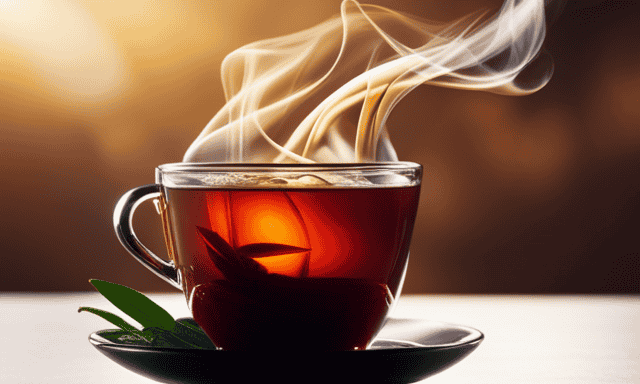 An image featuring a steaming cup of Vanilla Rooibos tea, with rich amber hues gently swirling in the background