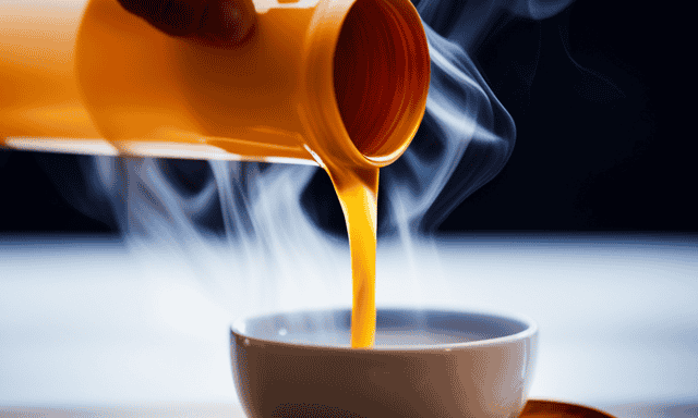 An image capturing the vibrant, amber-hued liquid of Oolong tea being poured into a delicate porcelain cup