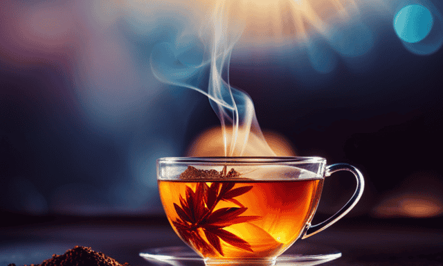 An image showcasing a vibrant cup of steaming rooibos tea, accompanied by a caffeine molecule graphic in the background