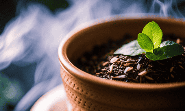 An image showcasing a close-up view of a vibrant, steaming cup of yerba mate, adorned with delicate green leaves, capturing the essence of its energizing properties