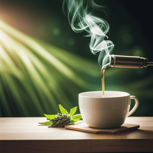 An image showcasing a steaming cup of herbal tea infused with CBD flowers