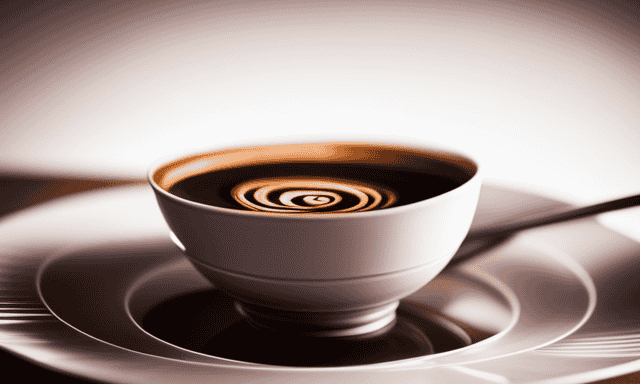 An image capturing the process of brewing chicory coffee, showcasing a ceramic cup filled to the brim with rich, dark liquid, while a mesmerizing trail of finely ground chicory roasted root spirals down from above, blending seamlessly into the cup