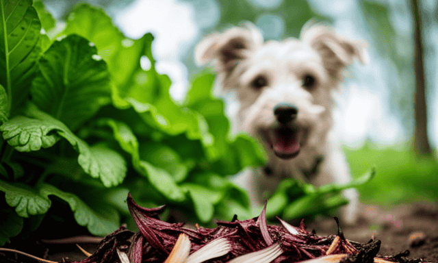An image showcasing a bowl filled with freshly chopped chicory root, surrounded by vibrant green leaves and a curious dog sniffing the air, capturing the essence of the perfect amount of chicory root for dogs