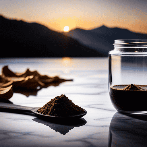 An image displaying a wooden spoon filled with precisely measured chicory root powder, neatly arranged on a sleek marble countertop next to a glass jar filled with chicory root chips, highlighting the recommended daily intake