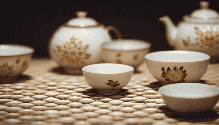An image showcasing a serene tea ceremony scene, with delicate porcelain teacups filled to the brim with golden-hued chrysanthemum tea