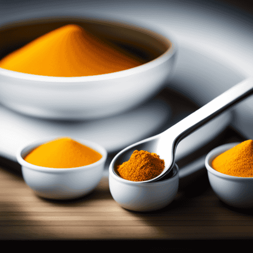 An image showcasing a measuring spoon filled with precisely measured 1 teaspoon of vibrant golden turmeric