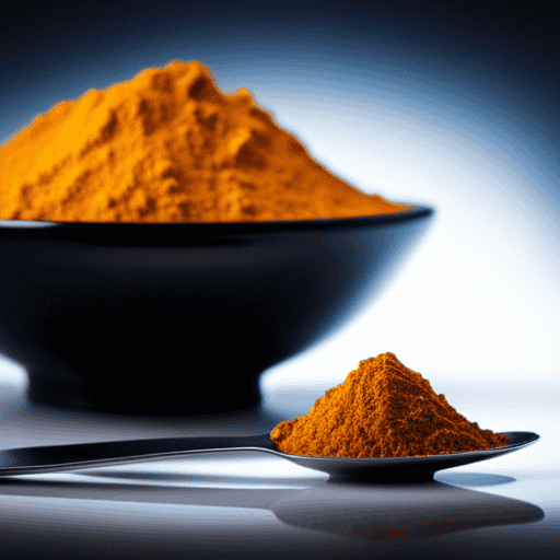 An image depicting a precise measurement of a teaspoon filled to the brim with vibrant, golden turmeric powder