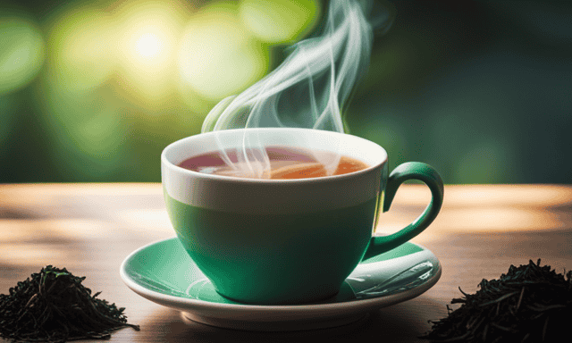 An image showcasing a steaming cup of Oolong tea, surrounded by vibrant green tea leaves
