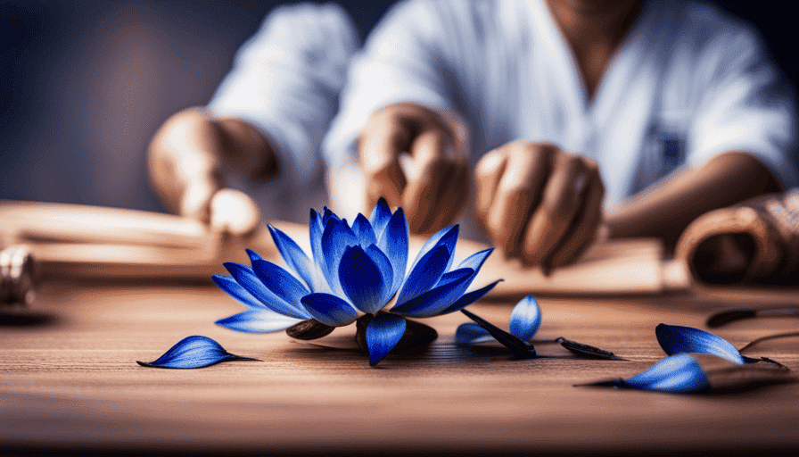 An image capturing the delicate process of hand-measuring dried blue lotus flower petals, as they gracefully fill a ceramic teapot, ready to infuse their intoxicating aroma and vibrant color into a steaming cup of tea
