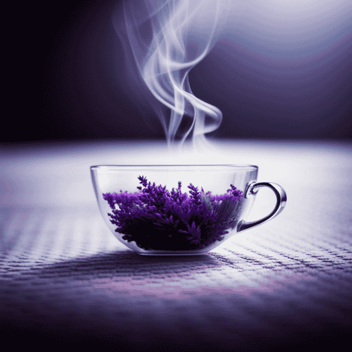 An image of a delicate, porcelain teacup filled with steaming lavender-infused tea