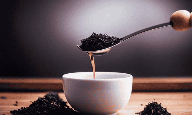 An image showcasing a rustic wooden tea scoop gently pouring a precise amount of dry leaf Oolong tea into a delicate, transparent teacup, capturing the perfect measurement for a single cup