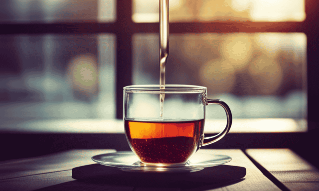 An image that showcases a steaming cup of vibrant rooibos tea, framed by a laboratory beaker filled with precise measurements of fluoride