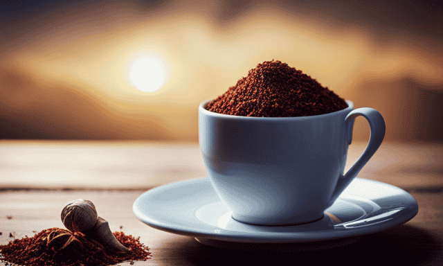 An image showcasing a steaming cup of rooibos tea infused with a warm, golden hue
