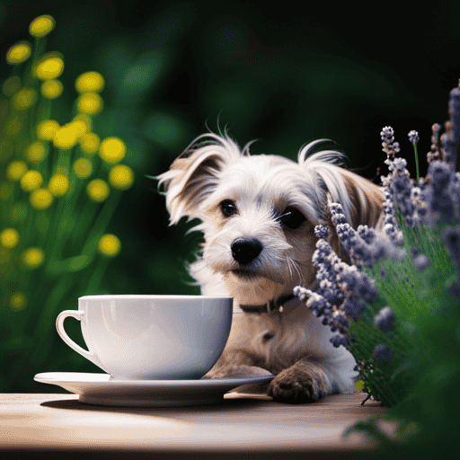 An image showcasing a contented dog, sipping from a delicate porcelain teacup, surrounded by a lush garden of chamomile, lavender, and peppermint plants