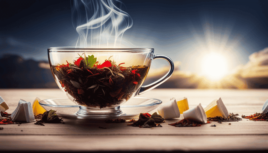 An image that captures the essence of a teacup overflowing with an abundance of colorful herbal tea bags, stacked haphazardly, as if to convey the question: when does the consumption of herbal tea become excessive? --v 5