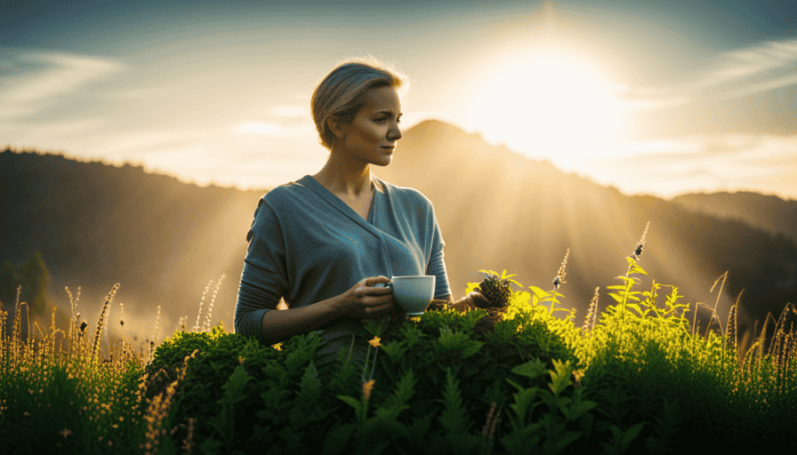 An image showcasing a serene setting with a person holding a cup of herbal tea, surrounded by various herbs and plants, illustrating the perfect balance of daily herbal tea consumption